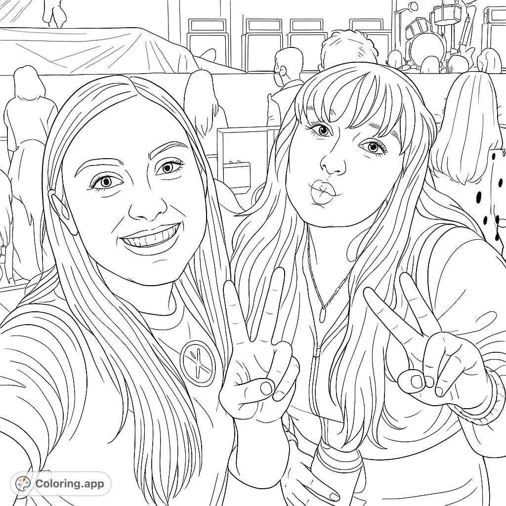 Capture the energy of a concert with two friends striking poses, complete with peace signs and a detailed stage background. A fun, expressive coloring page.