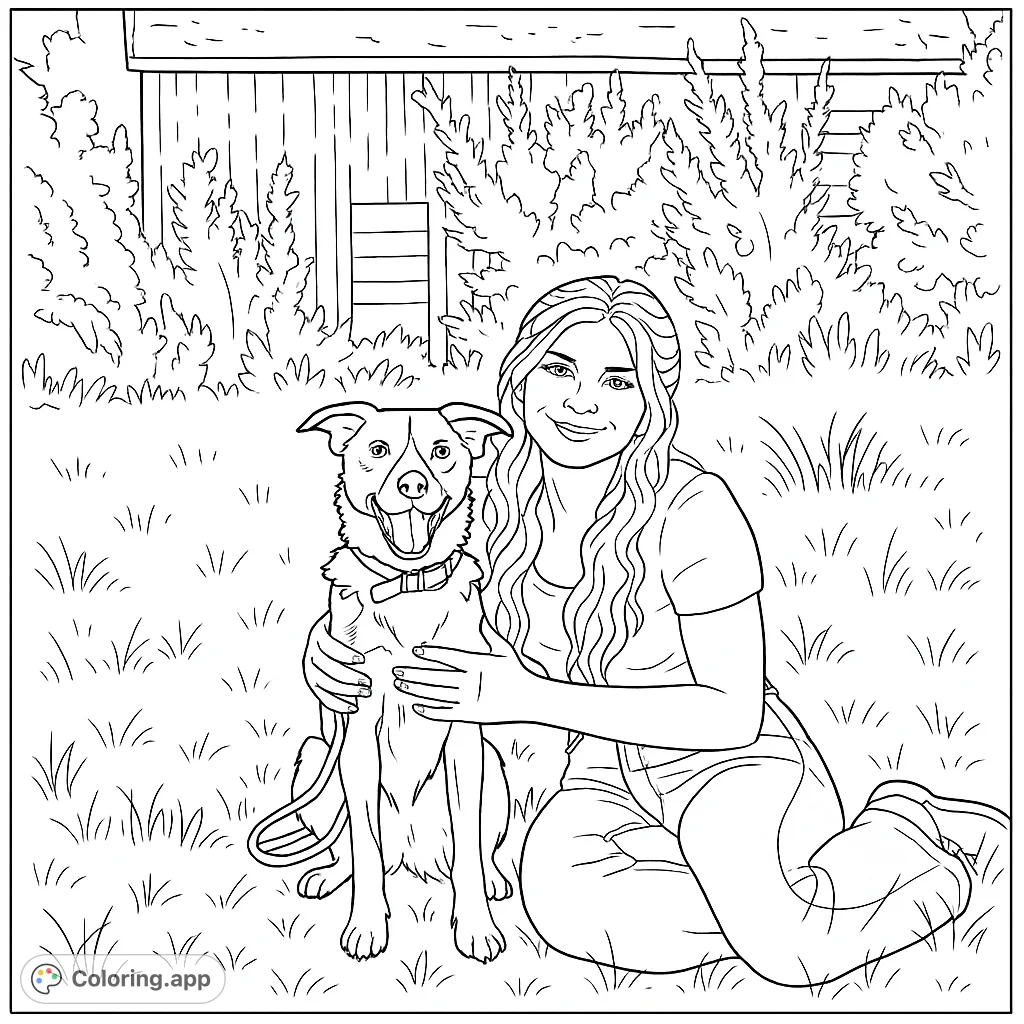 A heartwarming coloring page featuring a smiling young woman embracing her cheerful Border Collie in a grassy field, perfect for pet lovers and animal enthusiasts.