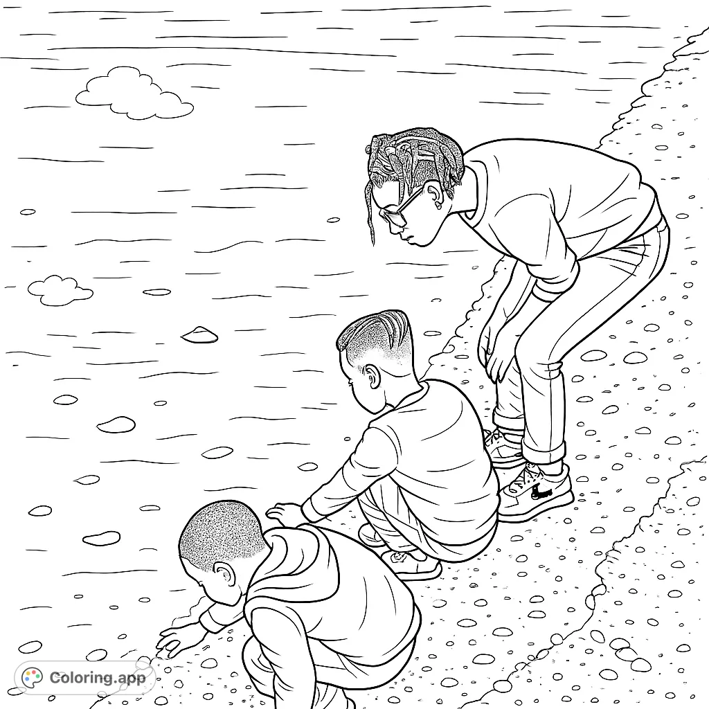 Three curious children explore a peaceful shoreline, bending and crouching to observe the clear, shallow water. A wonderful scene for young explorers!