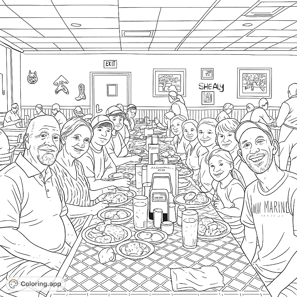 Gather with loved ones around a festive dining table. This family gathering coloring page captures a joyful meal with generations, plates of food, and smiles.