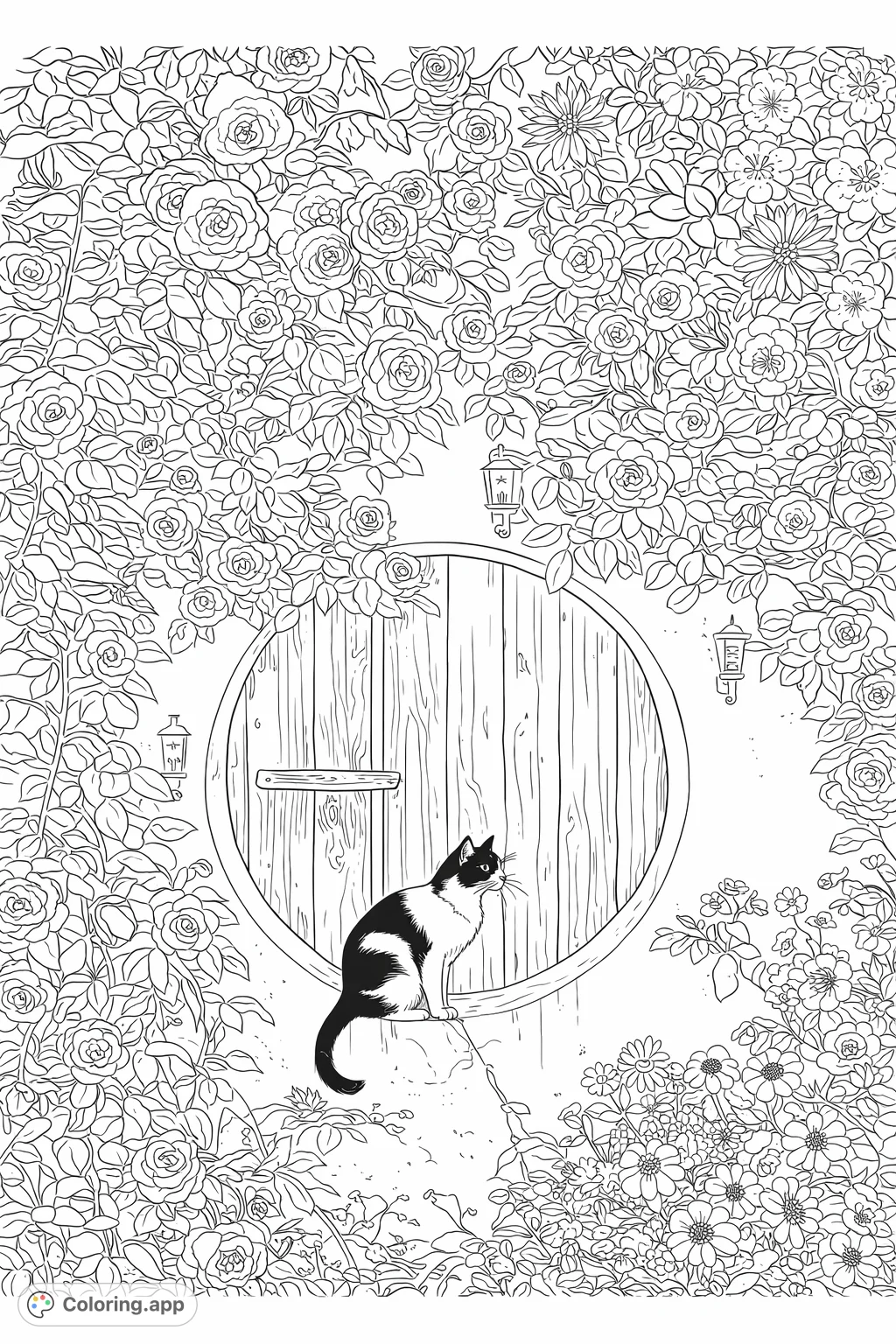 A charming scene featuring a feline perched on a round wooden door, surrounded by a lush abundance of blooming roses and diverse garden flora. Perfect for nature lovers!