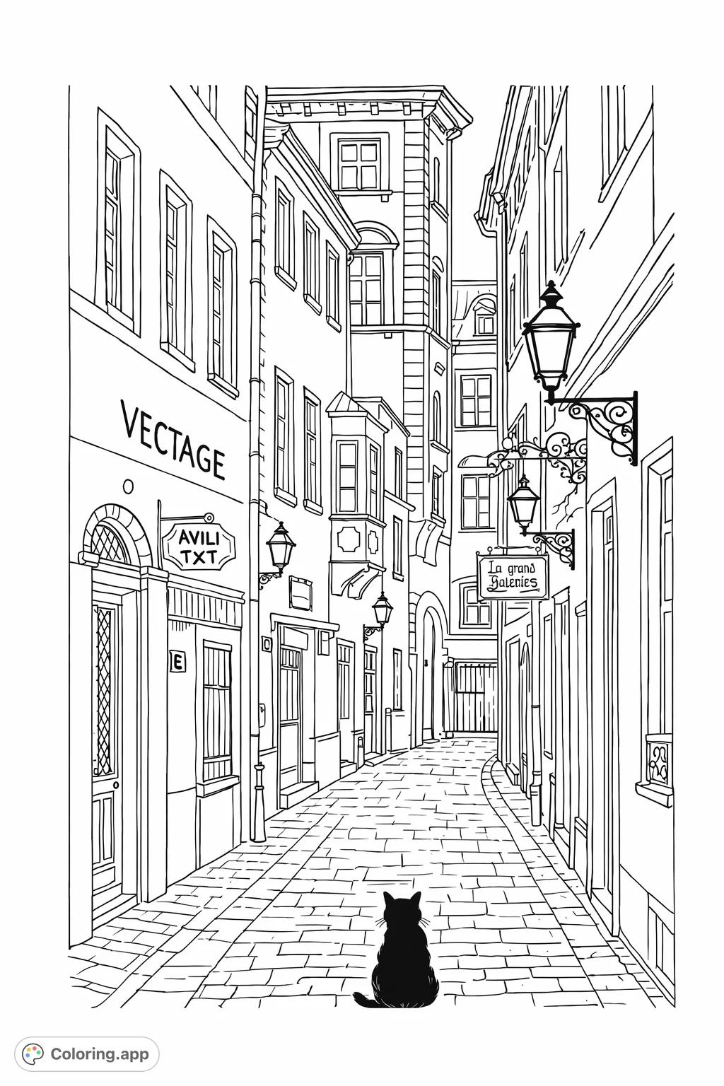 Explore a charming European alleyway with a curious cat, intricate buildings, and quaint shops. A detailed scene perfect for immersive coloring.