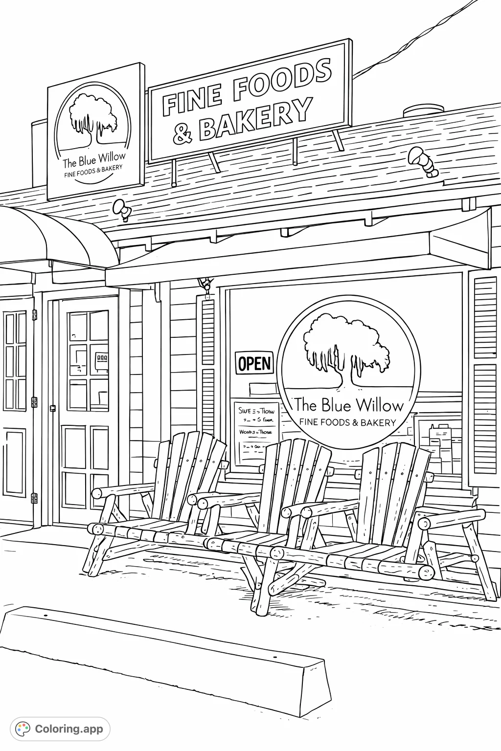 A charming bakery storefront with a willow tree logo, rustic seating, and welcoming signs, perfect for a detailed and engaging coloring experience.