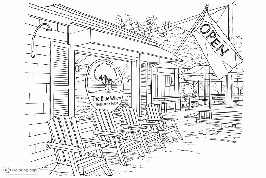 A delightful bakery scene featuring a cozy storefront, inviting Adirondack chairs, and a lively outdoor patio with umbrellas and guests enjoying treats. Perfect for a relaxing coloring experience.