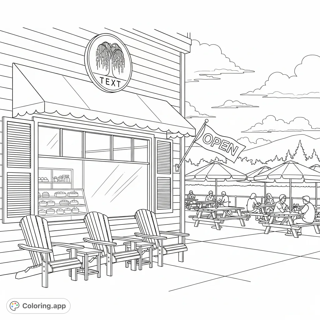 Immerse yourself in a delightful bakery storefront coloring page featuring a cozy facade, inviting Adirondack chairs, and a lively outdoor patio with guests.