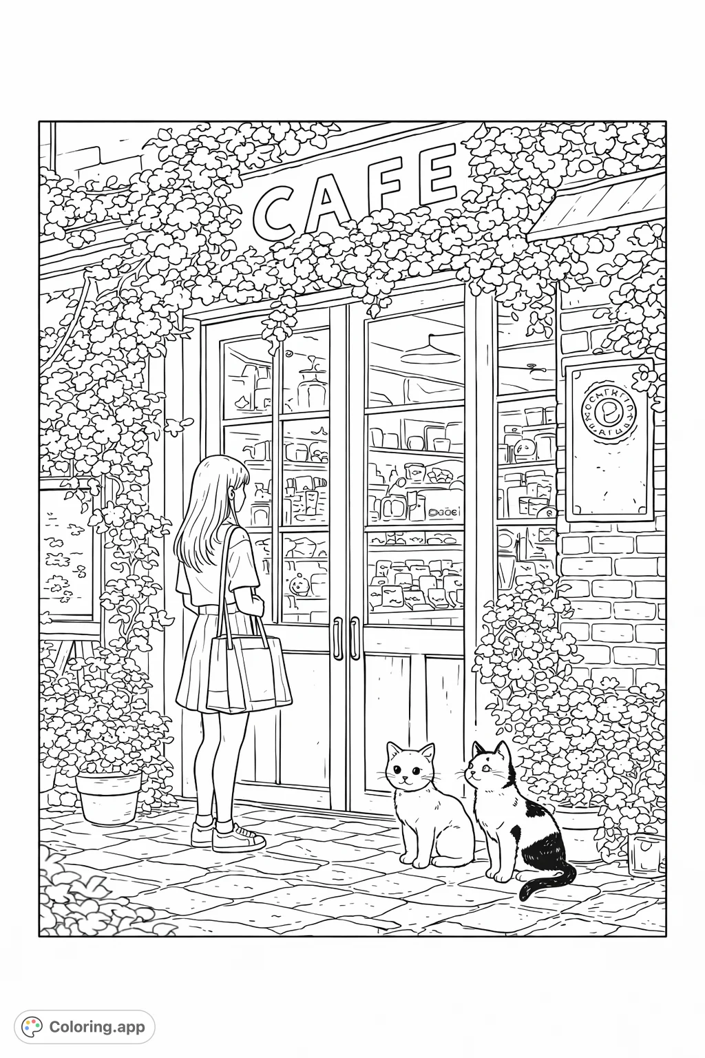 A serene cafe scene featuring a person gazing into a charming shop entrance, flanked by two curious cats and abundant floral decor on a brick facade.