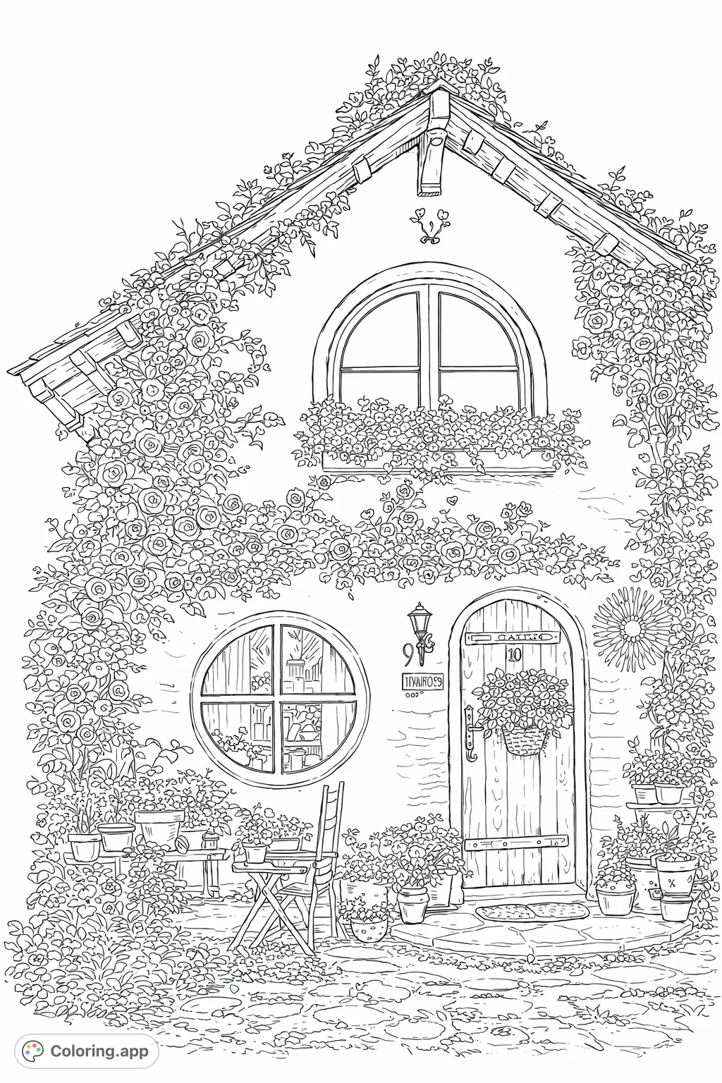 Discover a whimsical cottage adorned with abundant vines and flowers, featuring unique windows and a welcoming wooden door. Perfect for a peaceful coloring escape.