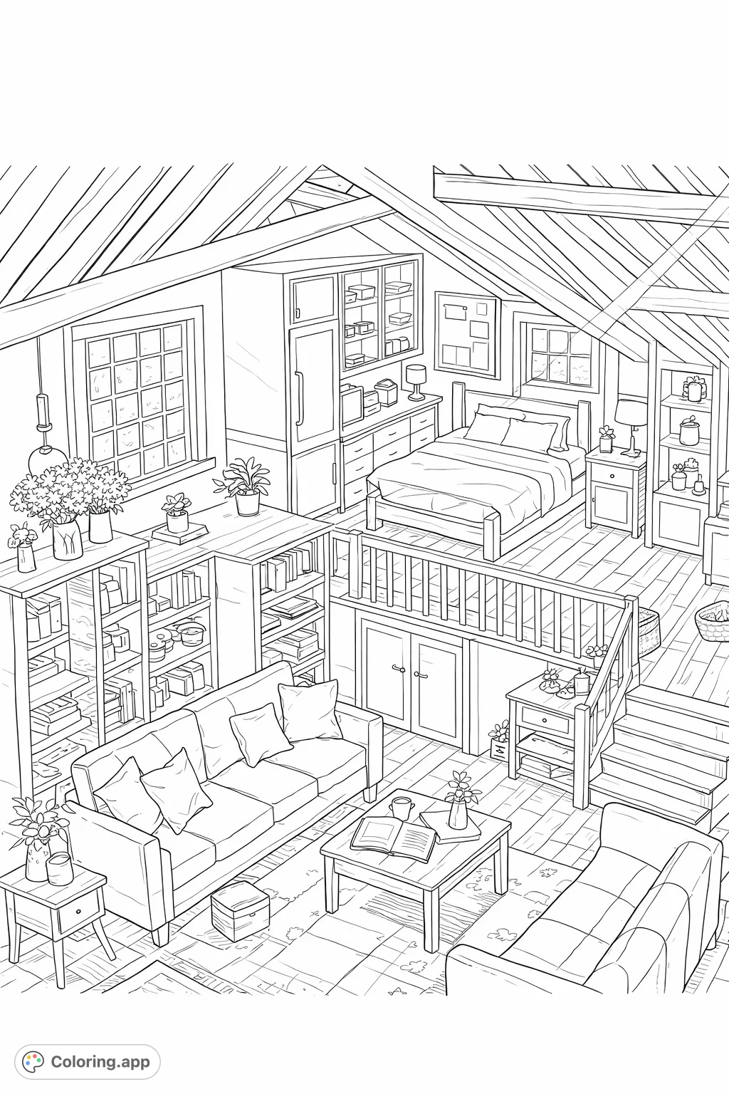 Explore this detailed attic apartment coloring page, featuring a cozy loft bedroom, functional kitchen, and inviting living area with books and plants. A perfect scene for relaxation.