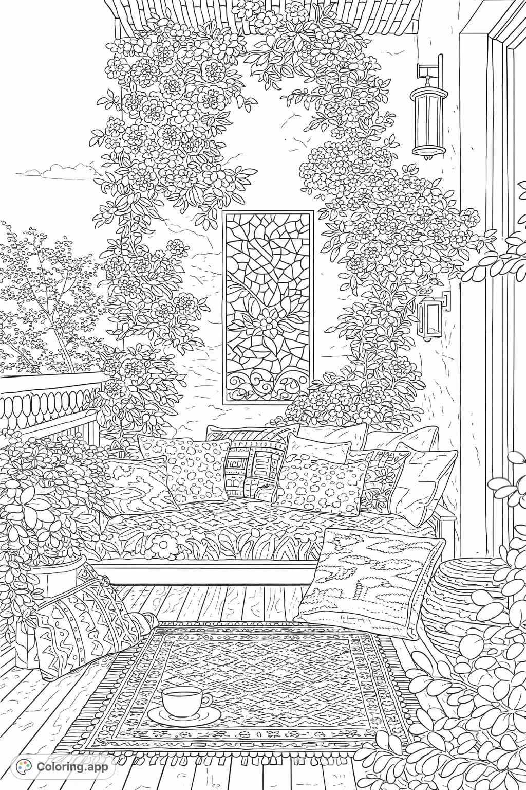 Discover a detailed balcony oasis coloring page with plush seating, cascading florals, and intricate patterns. Perfect for a relaxing creative escape.