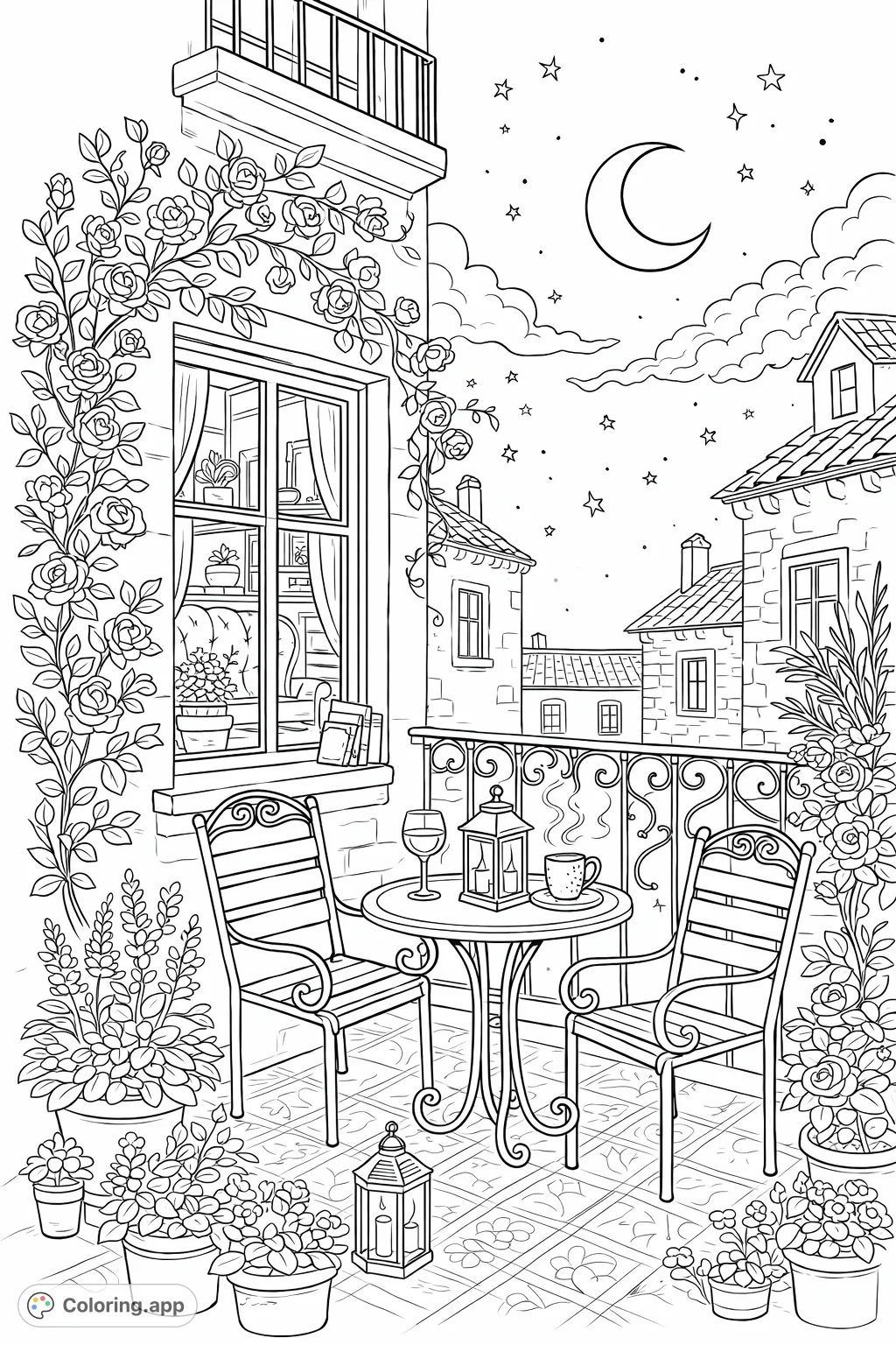 Capture the magic of a serene balcony night scene, complete with climbing blossoms, twinkling stars, and cozy details. A charming free printable coloring page.