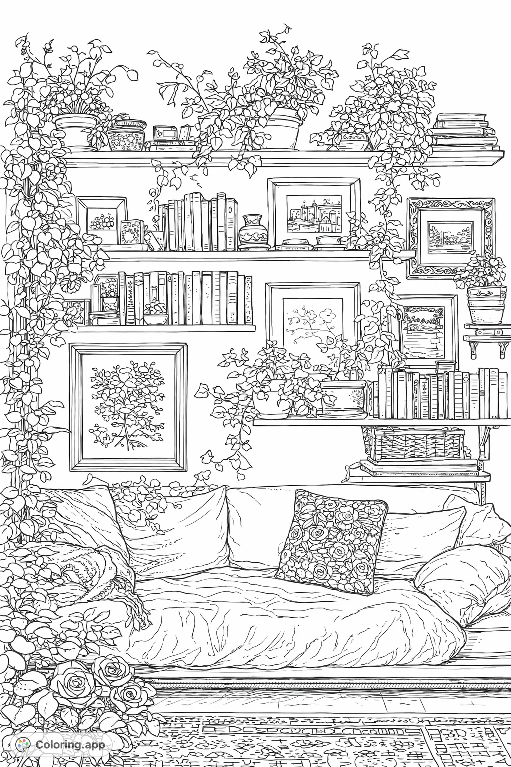 Immerse yourself in a cozy botanical reading nook, surrounded by lush plants, shelves overflowing with books, framed art, and inviting pillows. A detailed scene for creative coloring.