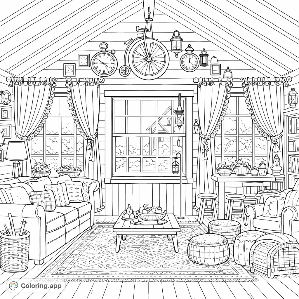 Explore a charming, detailed living room. Featuring a comfy sofa, intricate rug, cozy decor, and serene window views, this interior invites relaxation and creative coloring.