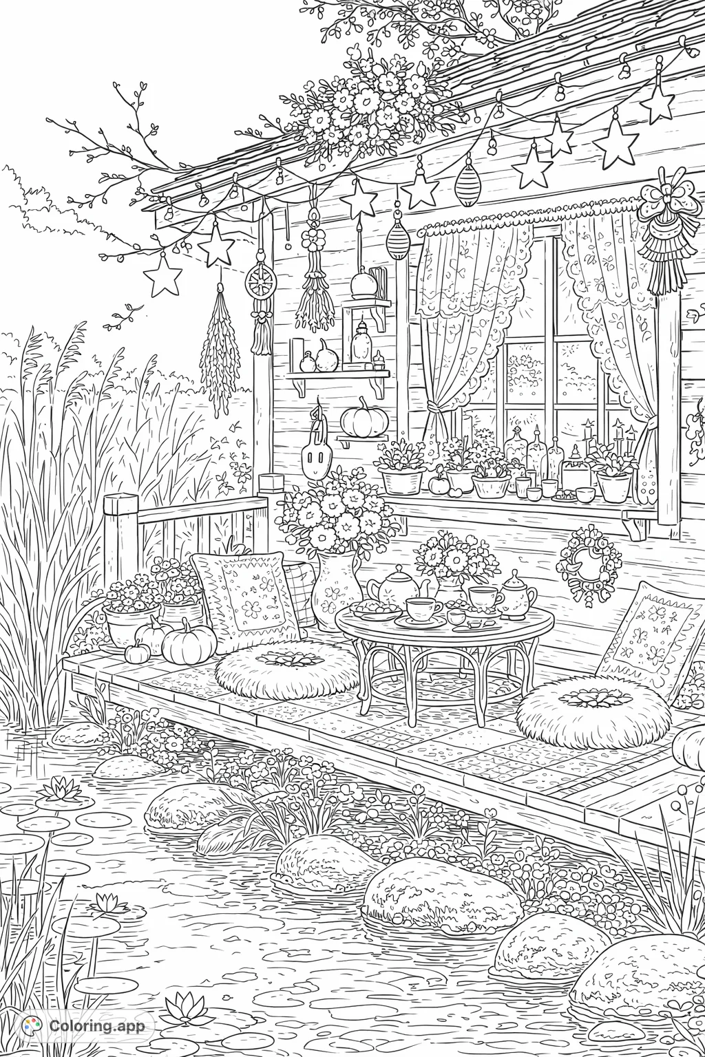 Escape to a charming cabin porch by a tranquil pond, adorned with festive lights, floral arrangements, and a delightful tea setup. A perfect cozy retreat!