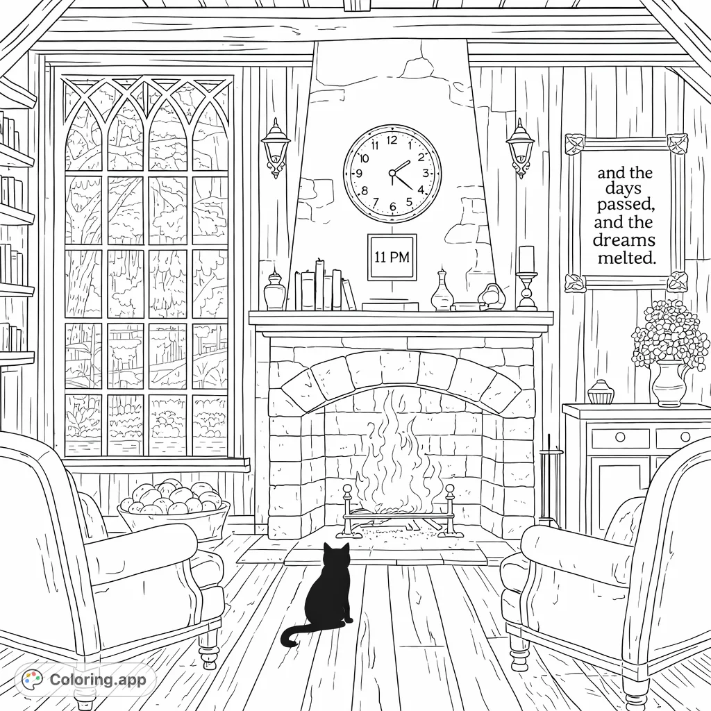 Step into a cozy fireside retreat with a watchful cat, crackling flames, and a rainy window view. This intricate coloring page offers serene relaxation.