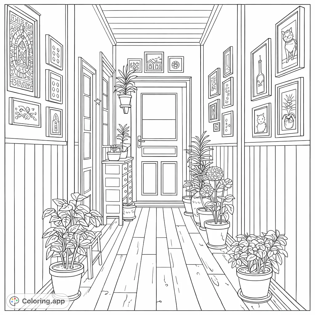Explore a charming hallway filled with an abundance of potted plants and framed artwork. A detailed interior scene ready for your creative touch and mindful coloring.
