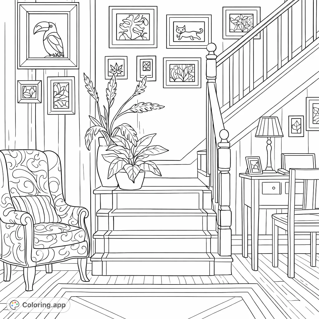 Explore a detailed home entryway featuring a staircase, armchair, plants, and wall art, perfect for a relaxing coloring experience.