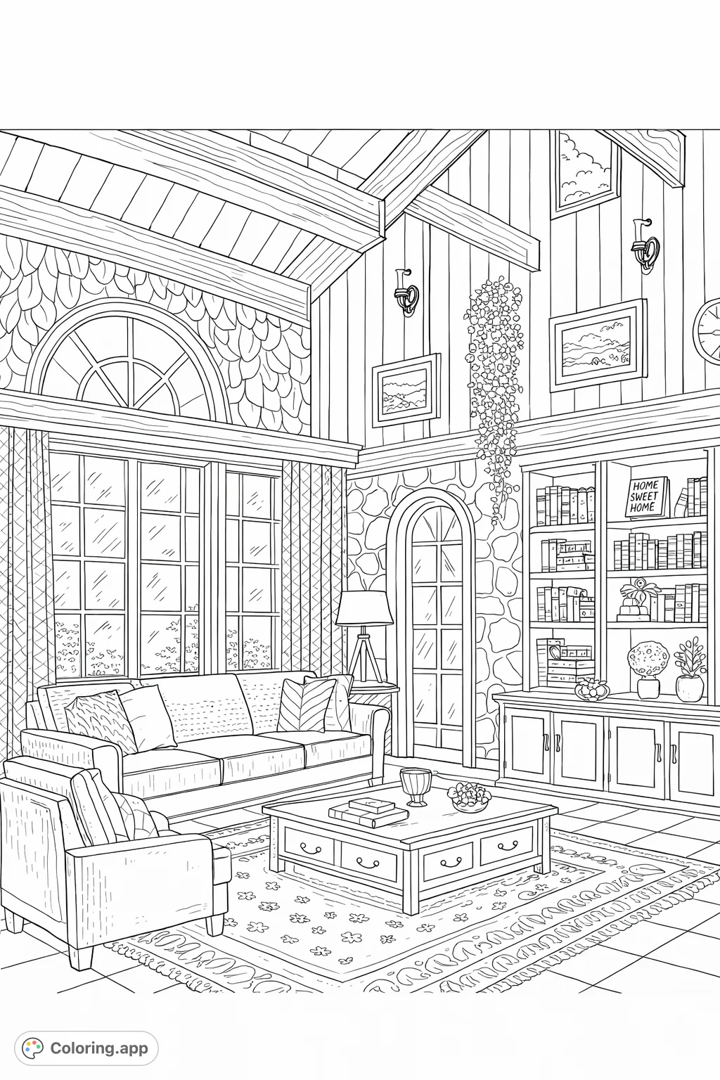 A detailed living room interior featuring a sofa, armchair, coffee table, and a bookshelf. Explore intricate patterns on walls, windows, and decor.