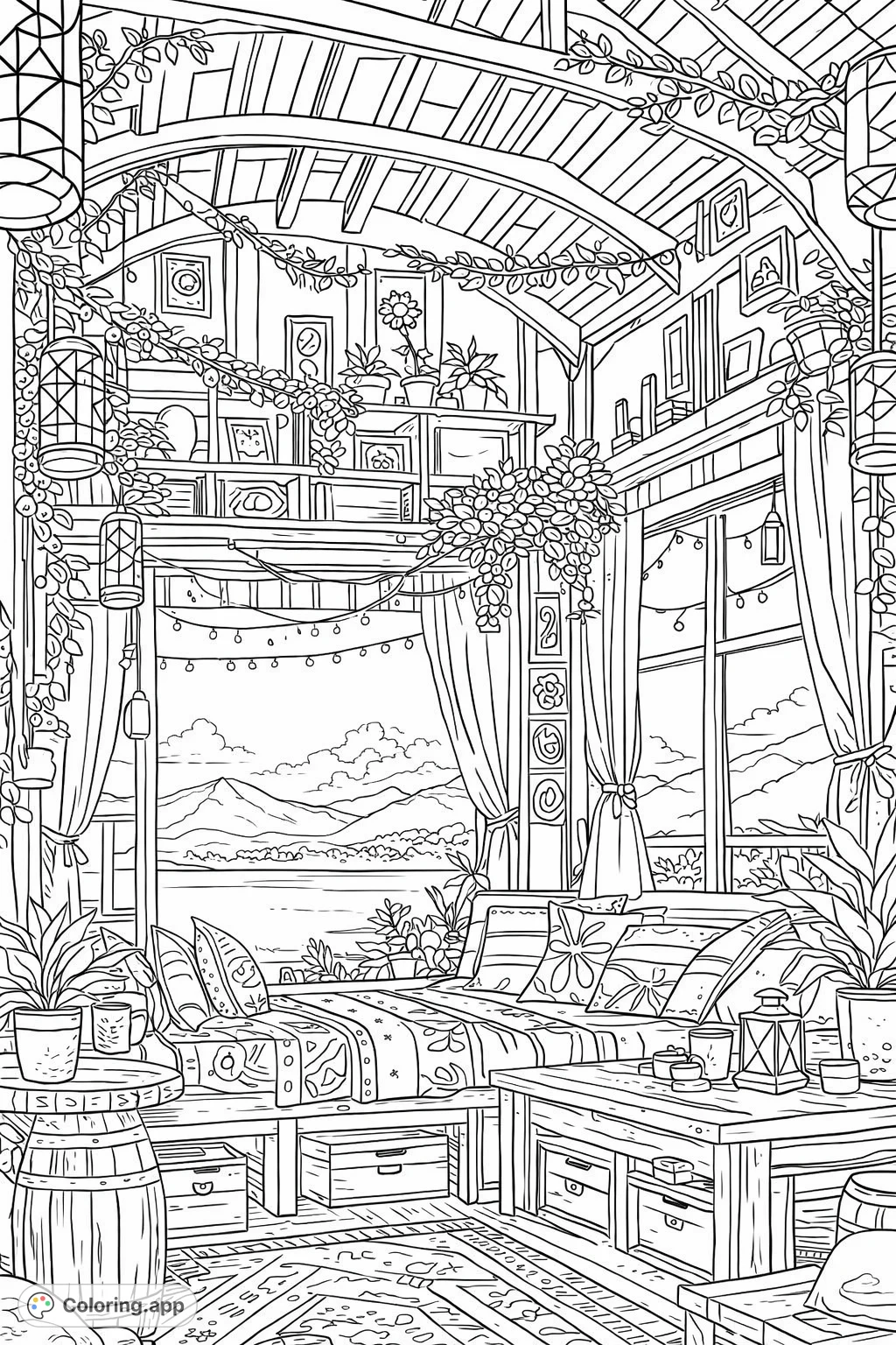 A cozy, bohemian-inspired room overlooking a serene mountain lake at night, filled with lanterns, plants, and patterned textiles. A perfect escape.