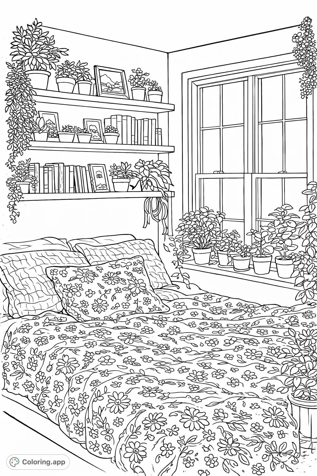 Escape into a serene, plant-filled bedroom sanctuary. This cozy interior scene features abundant foliage, books, and a comfortable bed with floral patterns.