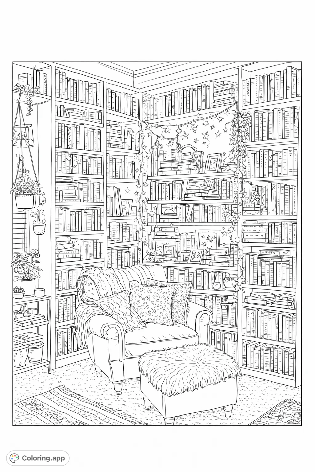 Discover a tranquil reading nook coloring page filled with detailed bookshelves, a plush armchair, and gentle string lights, perfect for peaceful coloring sessions.