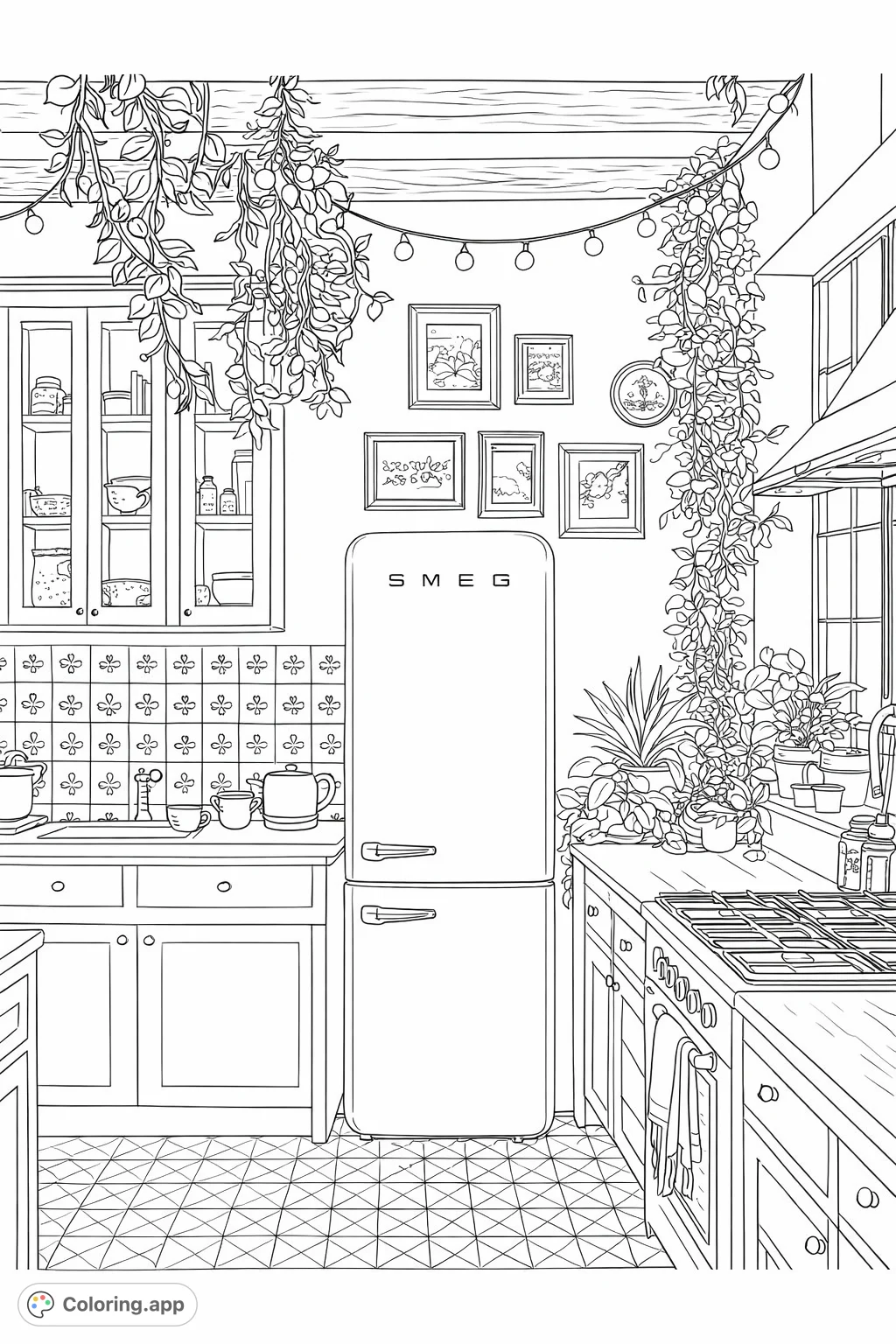 A charming retro kitchen scene with a classic refrigerator, abundant plants, and detailed tiles. Perfect for a relaxing coloring experience!