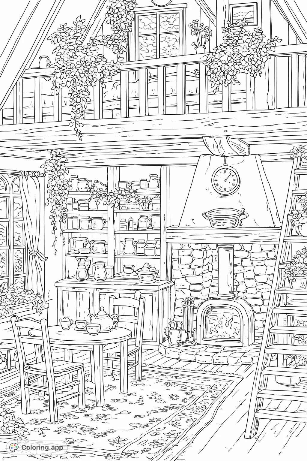 Cozy Rustic Cottage Interior - Coloring.app