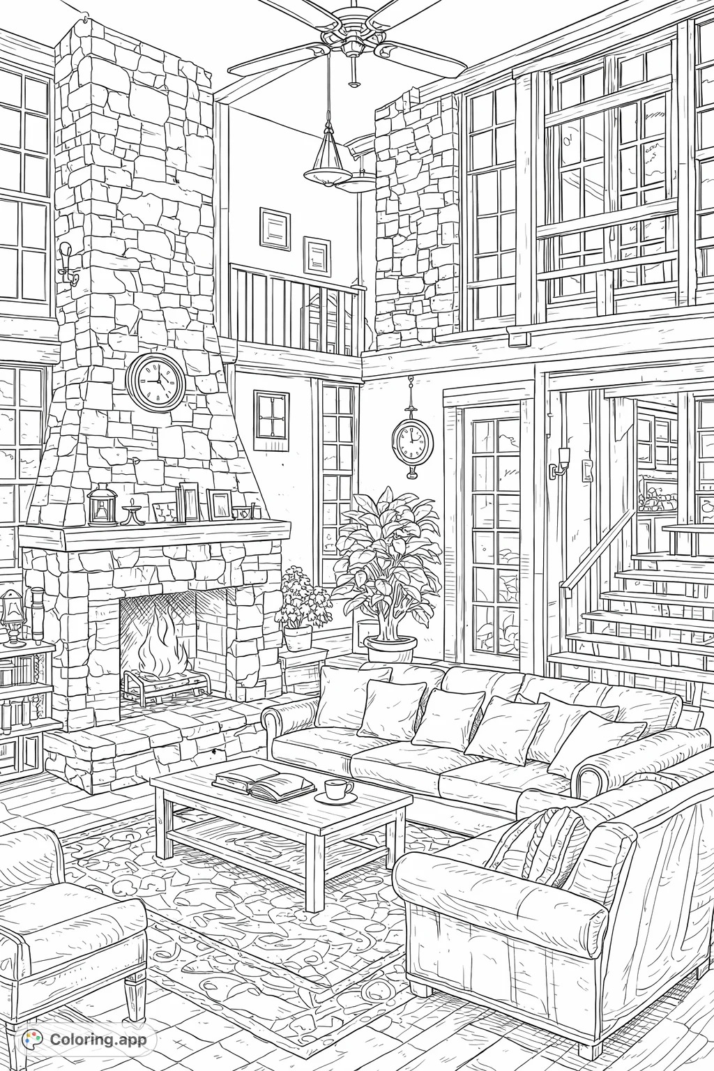 Step into a detailed rustic living room coloring page featuring a grand stone fireplace, plush seating, and abundant natural light. Perfect for cozy coloring sessions.