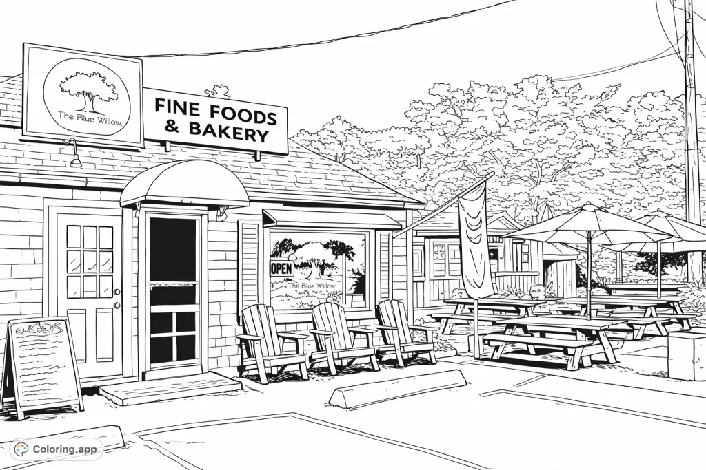 Explore a charming bakery and outdoor cafe scene, perfect for adding your personal touch. Features storefront details, picnic tables, and shaded umbrellas.