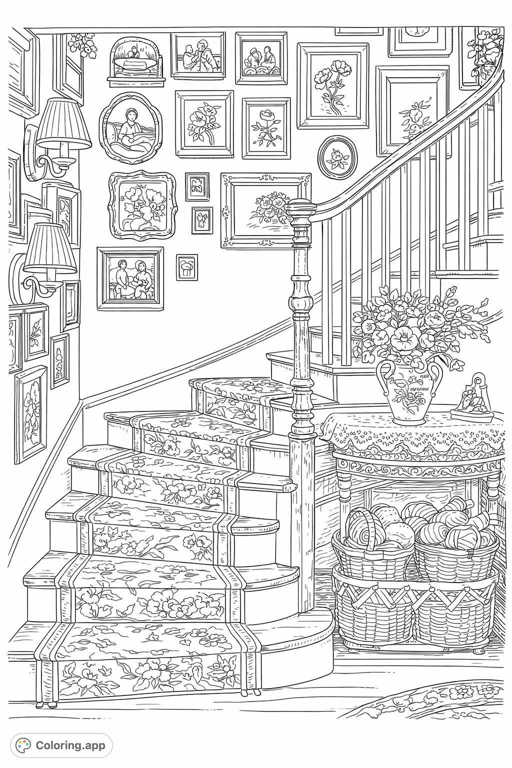 An inviting home staircase adorned with a gallery wall of framed art, a patterned runner, and a cozy side table with flowers and craft supplies.