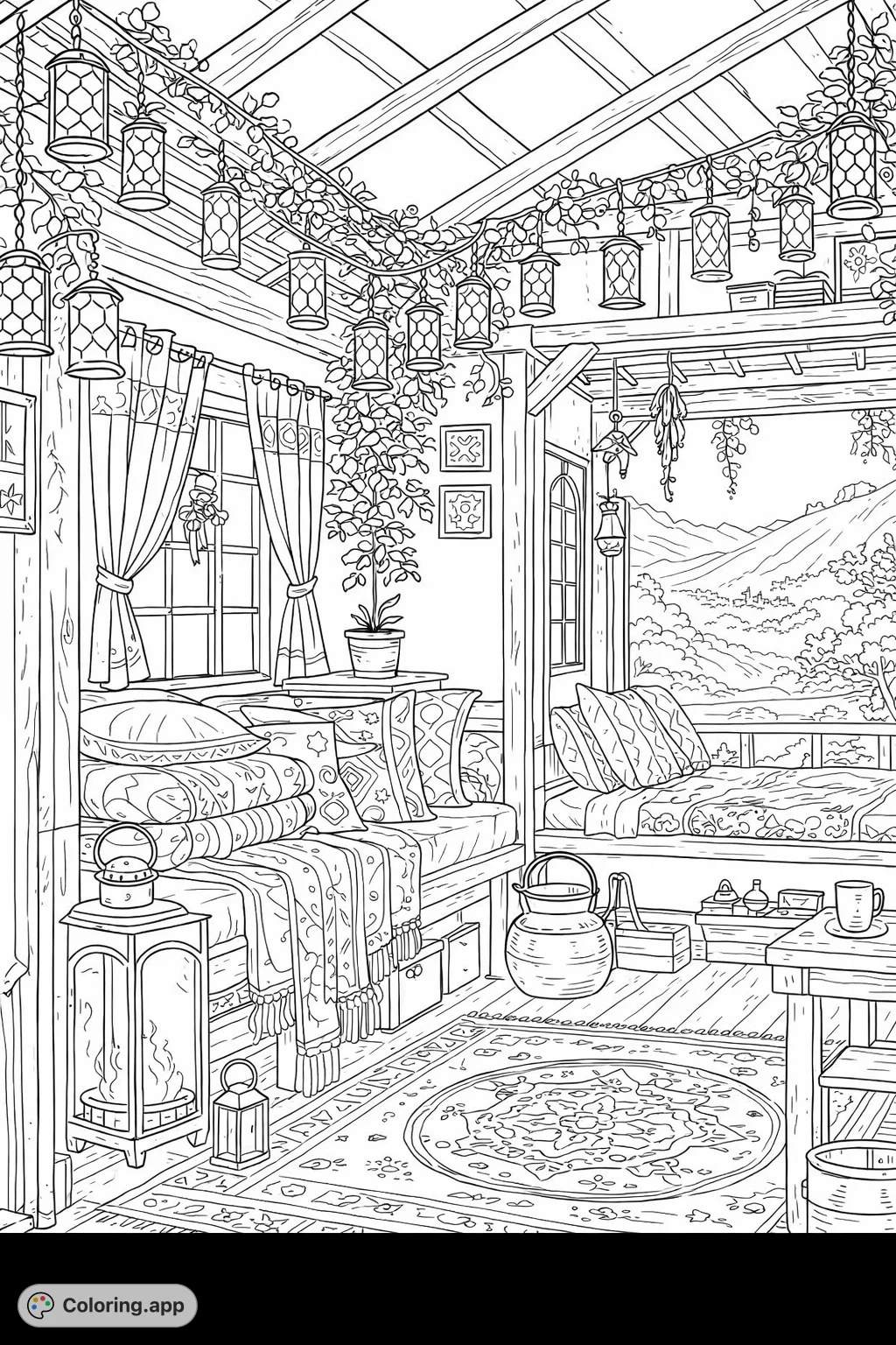 Escape to a tranquil, bohemian-inspired room under a starry night sky, overlooking distant mountains. Features patterned textiles, glowing lanterns, and lush foliage.