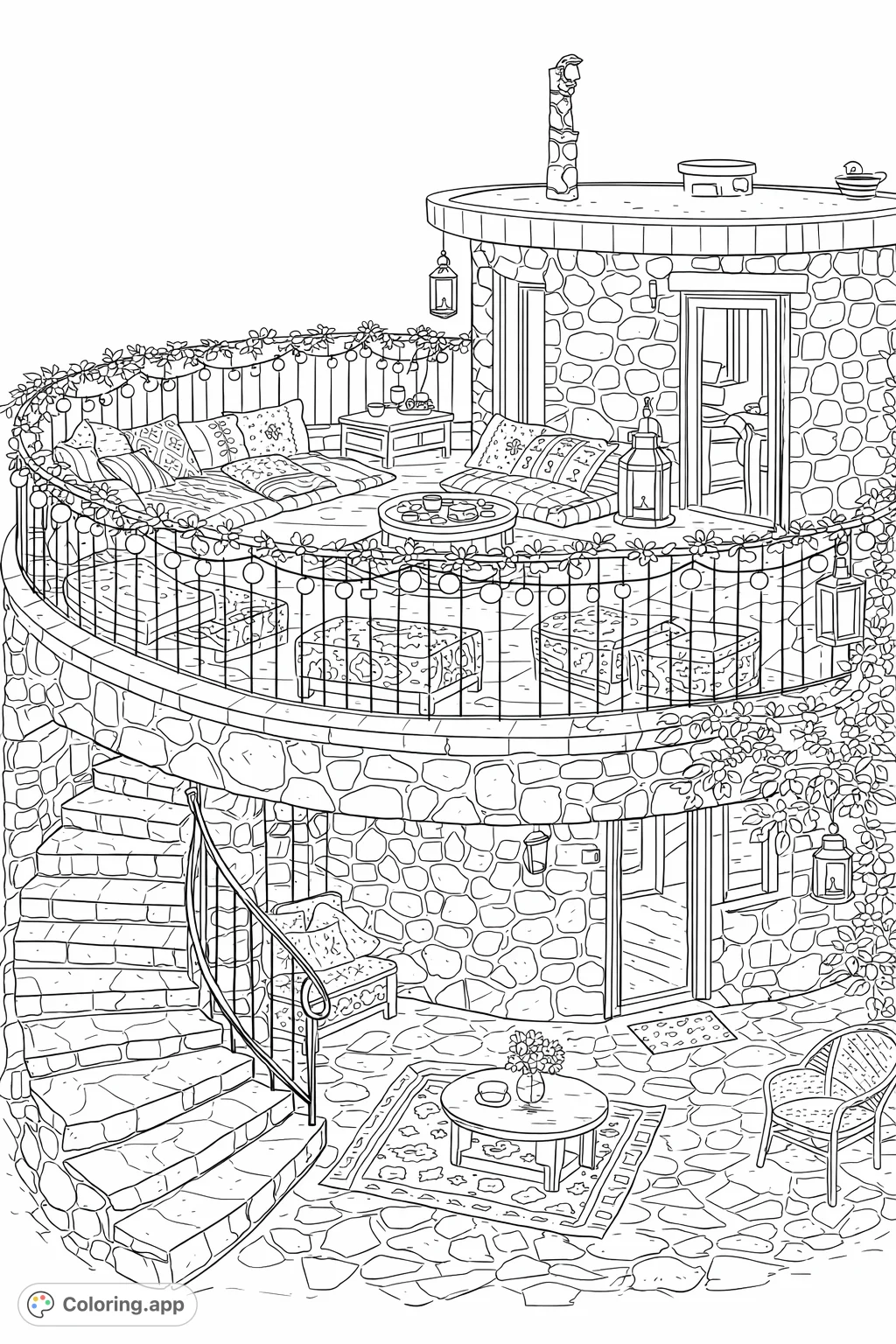 A charming multi-level stone patio nestled in lush greenery, featuring cozy seating, intricate patterns, and inviting lights for a relaxing outdoor escape.