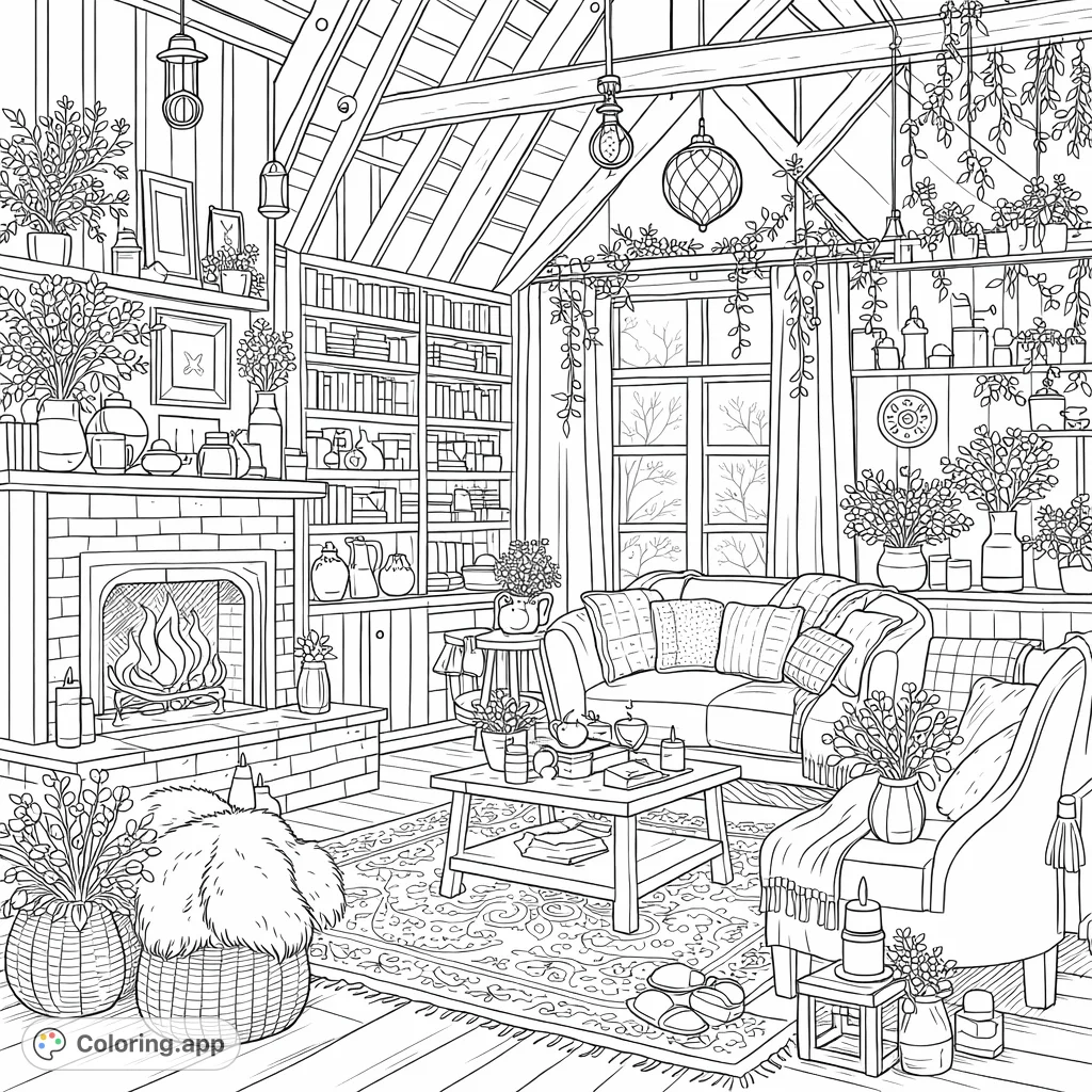 Immerse yourself in a detailed sunroom escape. This cozy interior features a fireplace, bookshelves, plush furniture, and an abundance of plants, perfect for mindful coloring.