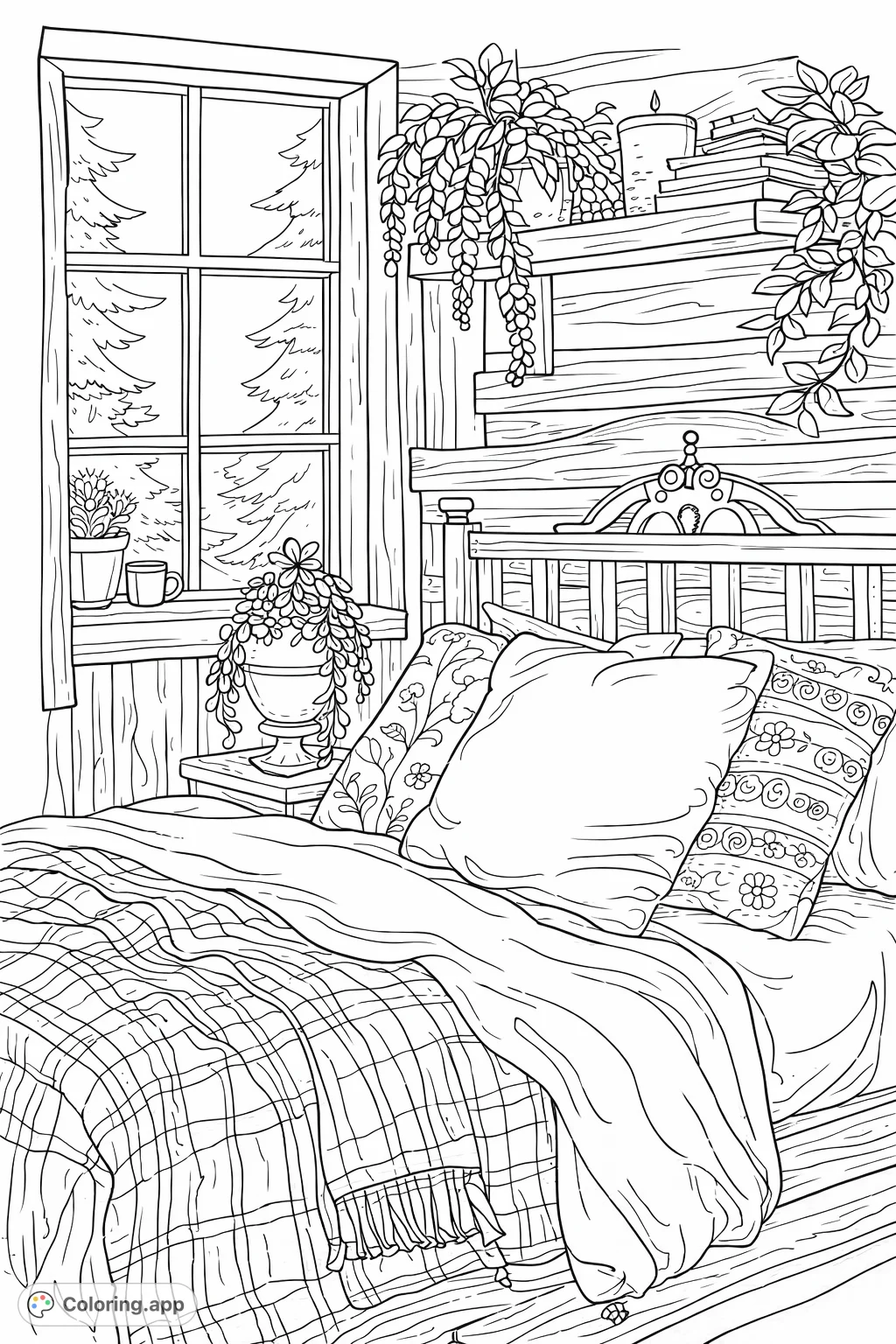 Step into a serene winter bedroom with a cozy bed, intricate plants, and a snowy view. Perfect for unwinding and creative expression.