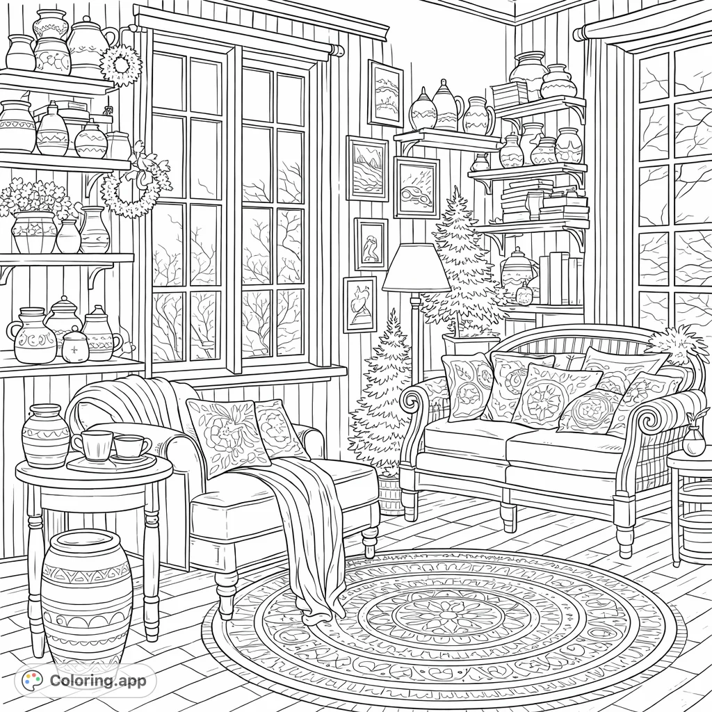 Immerse yourself in a detailed winter room scene, featuring cozy furniture, shelves brimming with decor, and snowy views from large windows.