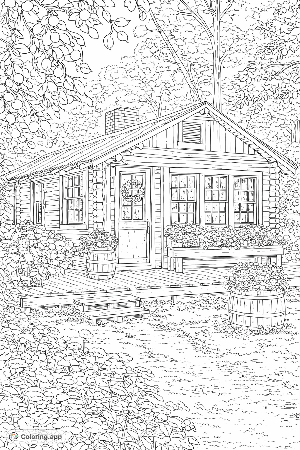 Discover a charming rustic log cabin nestled in nature, complete with an inviting porch, abundant flowers, and intricate architectural details.