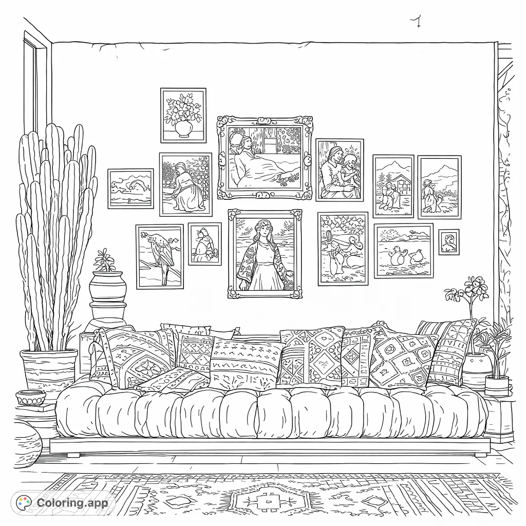 Discover an art-filled living room featuring a plush sofa with patterned pillows, a diverse gallery wall of framed artworks, and a tall cactus.