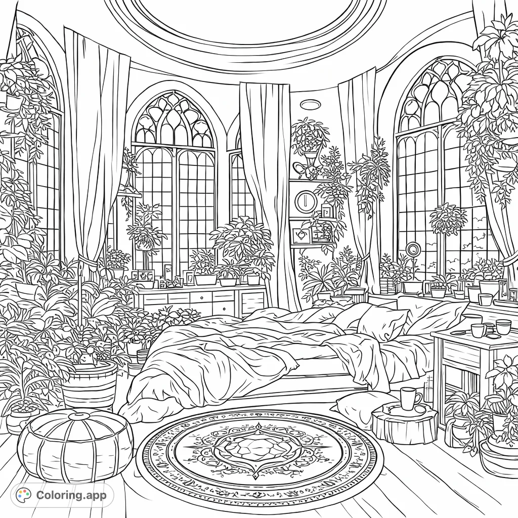 Step into an enchanted gothic botanical bedroom coloring page. Discover intricate arched windows, abundant plants, plush bedding, and a detailed mandala rug.