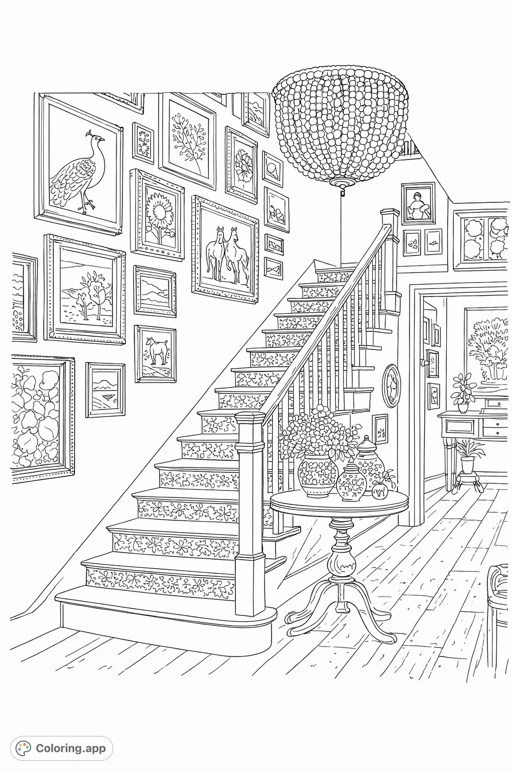 Explore a grand staircase adorned with intricate patterns and a diverse gallery of framed art. Discover blooming flowers and elegant decor in this detailed interior scene.