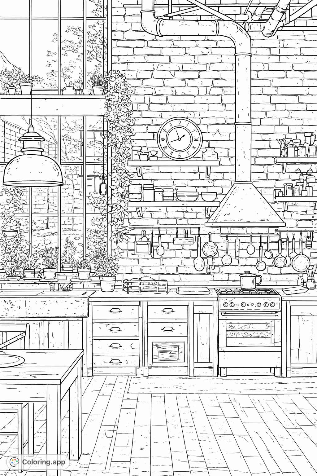 An intricate industrial kitchen coloring page featuring exposed brick, large windows, abundant plants, and detailed kitchen essentials.