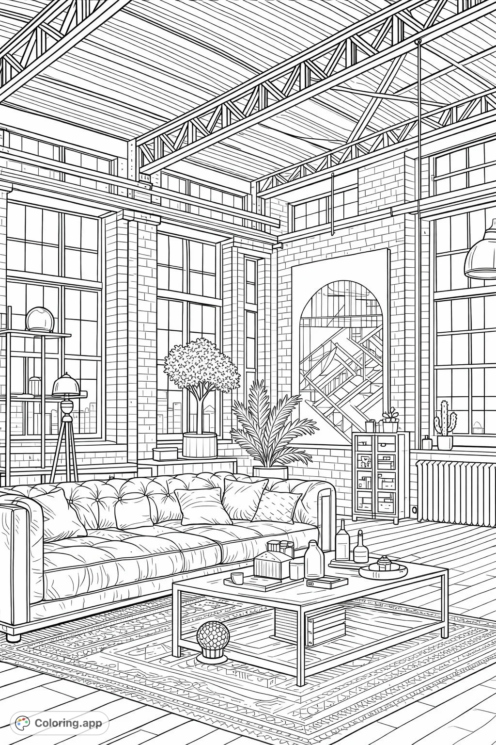 Explore a chic industrial loft living room with a tufted sofa, detailed coffee table, large windows, and an exposed beam ceiling. Perfect for urban architecture fans.