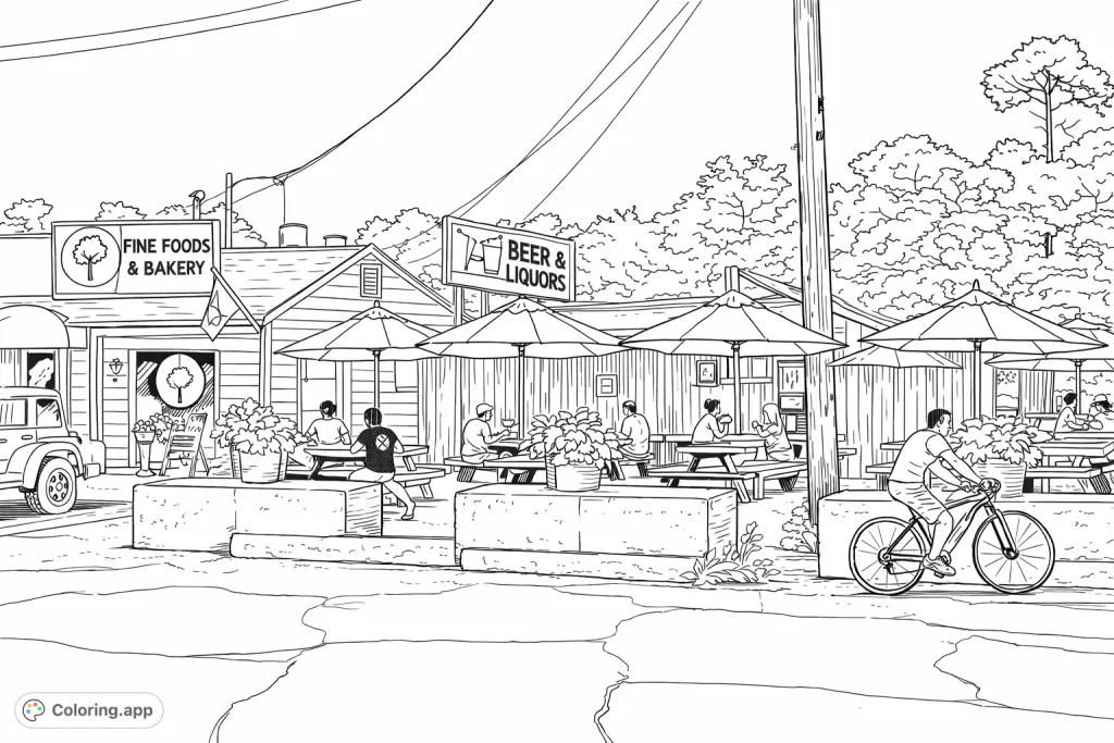 Immerse yourself in a bustling outdoor cafe scene with diners, umbrellas, and street details. A perfect coloring page for depicting lively roadside atmosphere.