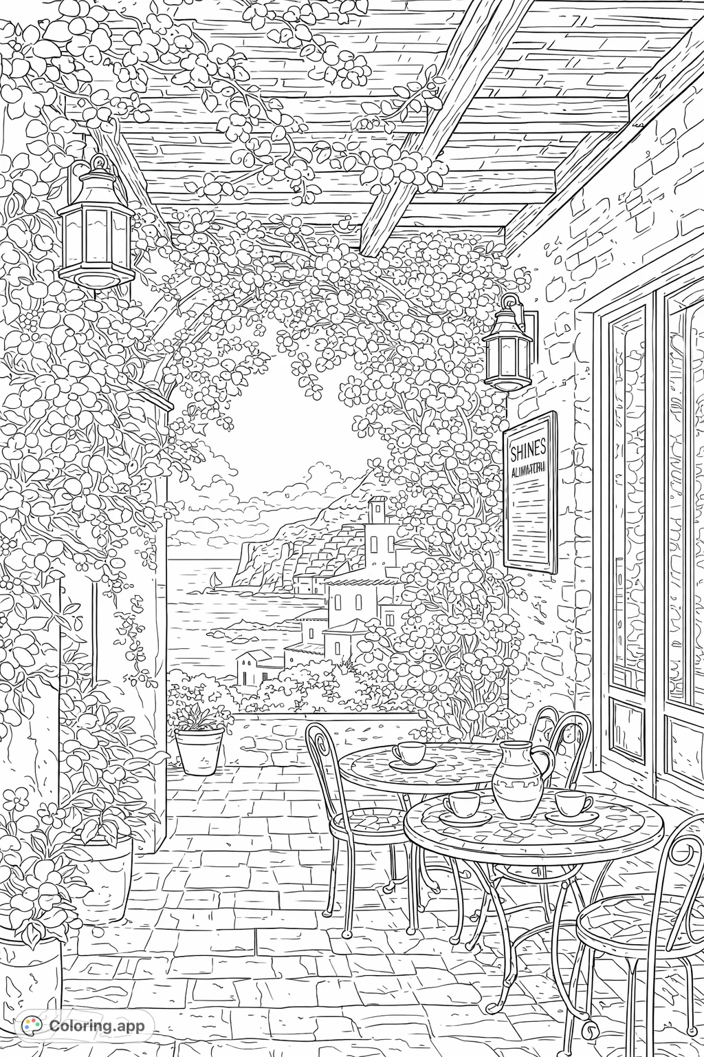 Immerse yourself in a scenic Mediterranean patio coloring page, featuring lush flowering vines, charming mosaic tables, and a serene coastal village vista.