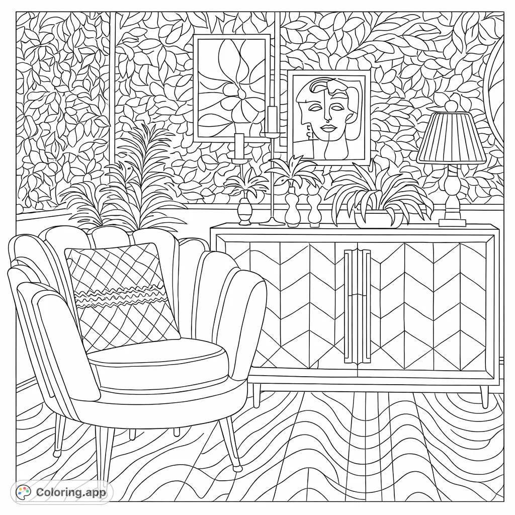 An inviting interior with a patterned armchair, geometric cabinet, lush plants, and abstract art, offering a modern aesthetic for coloring.