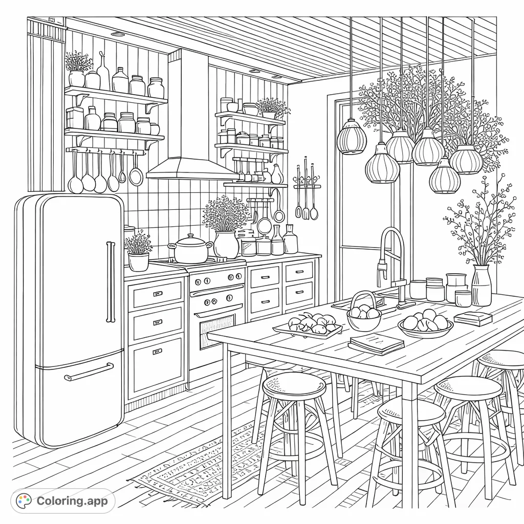 Discover a detailed modern kitchen and dining scene, perfect for adults to color and bring to life with intricate shading and personal touches.