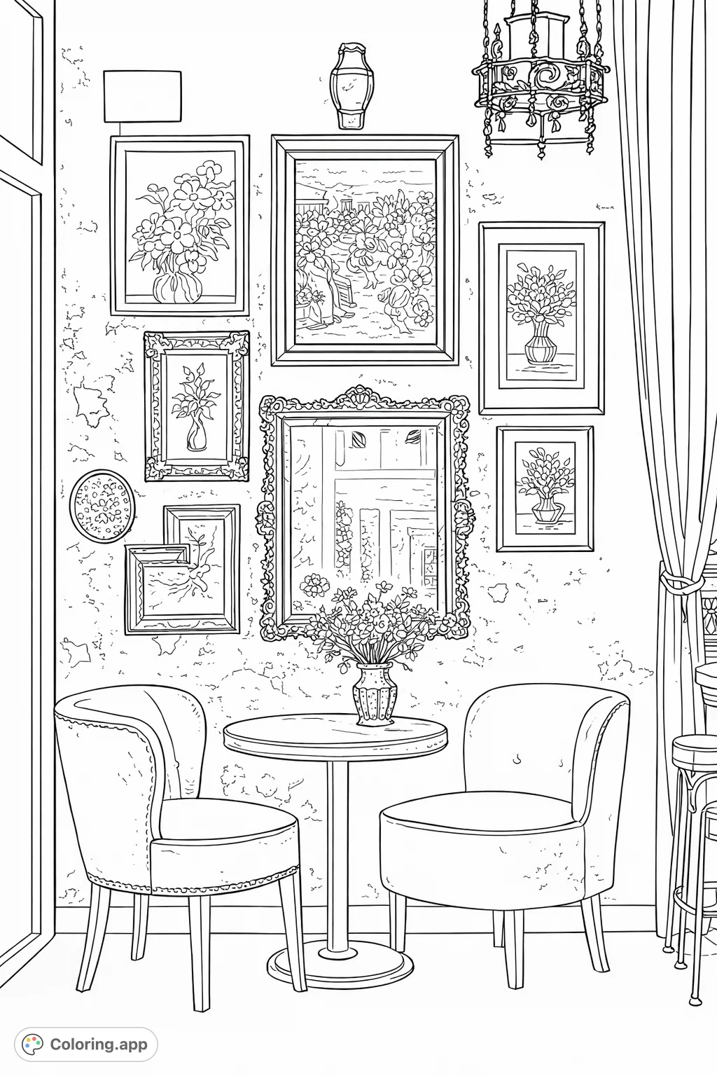 Explore a detailed interior scene featuring a textured wall adorned with framed art, an ornate mirror, and cozy chairs. Perfect for creative expression.