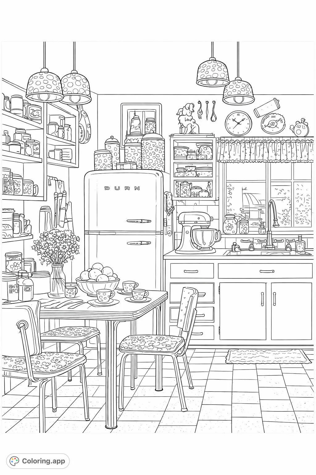 Step into a whimsical retro kitchen coloring page, filled with intricate details, classic appliances, and charming decor for an enjoyable creative challenge.