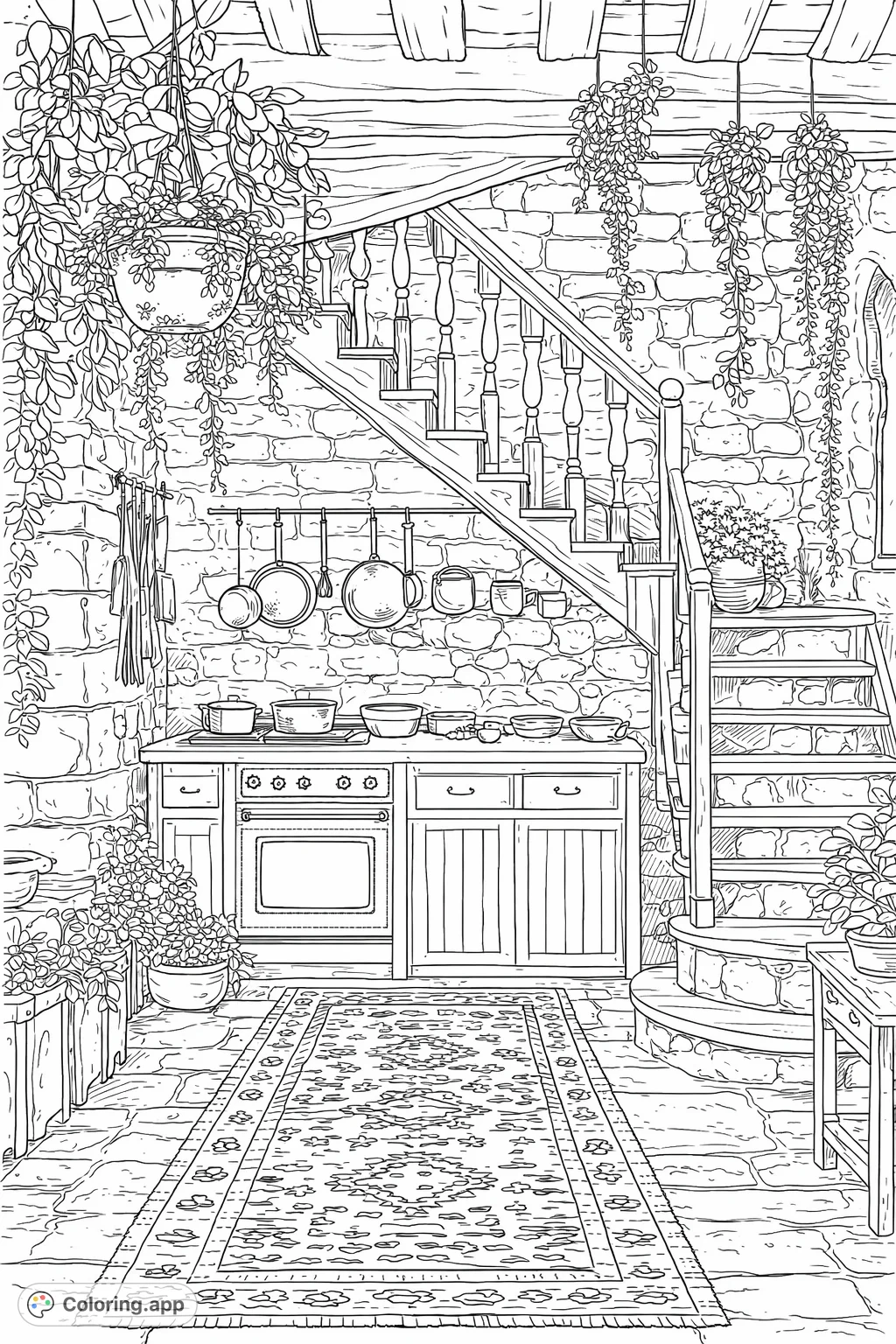 Explore a charming rustic kitchen nestled beneath an intricate wooden staircase, adorned with hanging plants and patterned rugs for a cozy, detailed coloring escape.