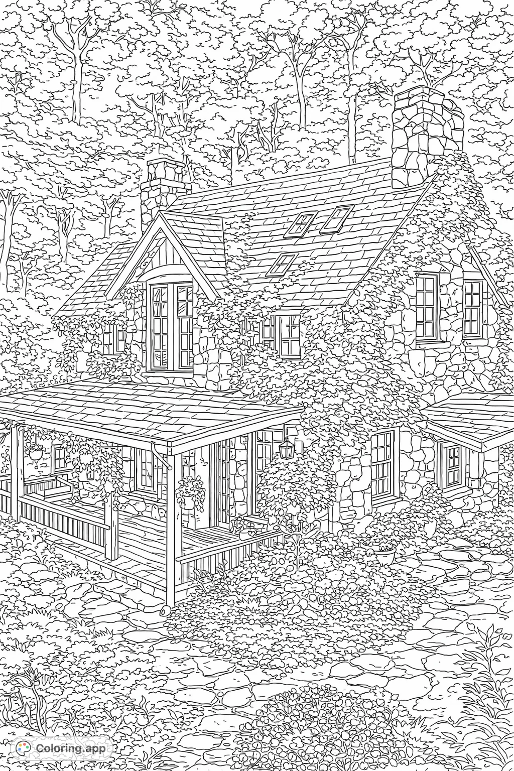 Discover a detailed rustic stone cottage coloring page, nestled in lush forest foliage with an inviting porch and intricate natural textures.