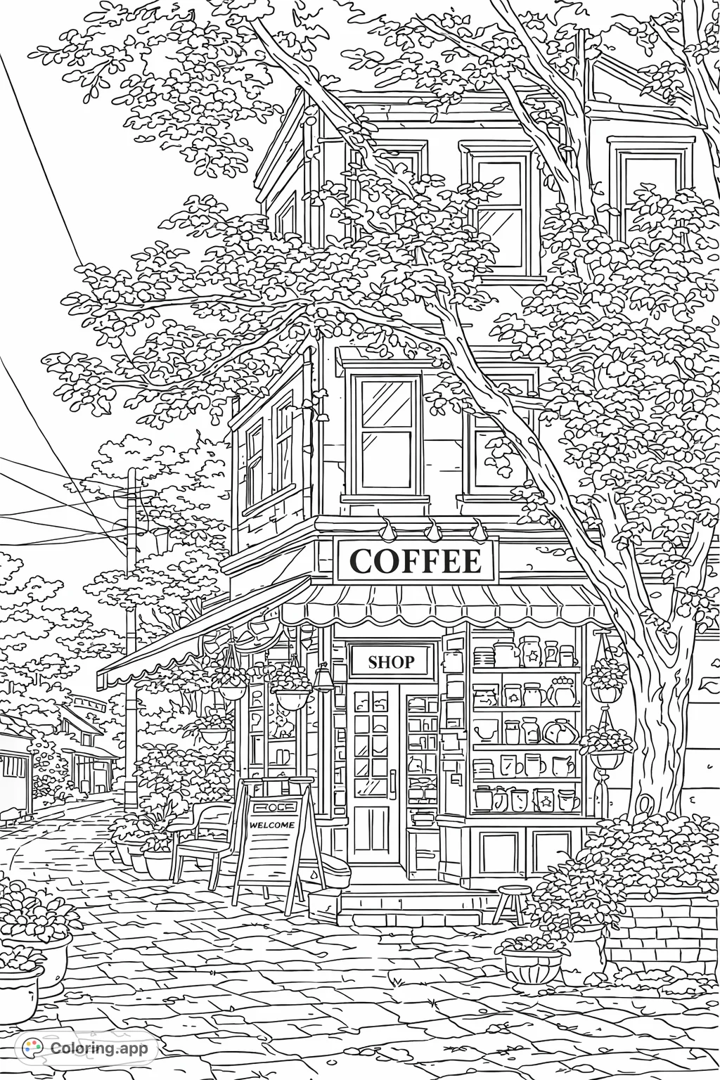 Step into a quaint street corner coffee shop with a leafy tree canopy overhead. A charming scene filled with storefront details, outdoor seating, and lush plants.