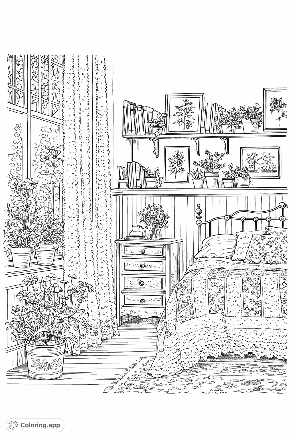 Explore a charming bedroom featuring an ornate iron bed, floral quilt, and abundant potted plants by a sun-drenched window with delicate lace curtains and decorative shelves.